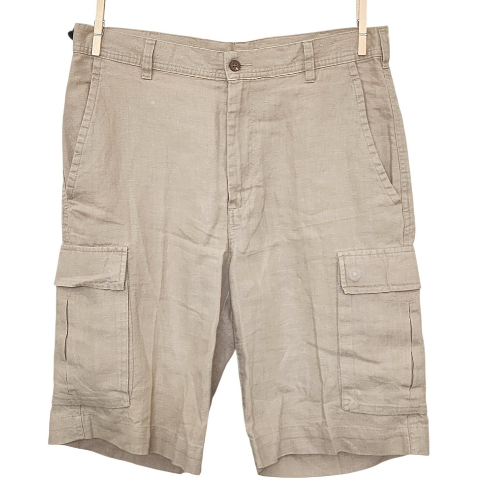 Jos. A. Bank Mens 33W Tan 100% Linen Cargo Shorts Khaki Summer Beach Utility